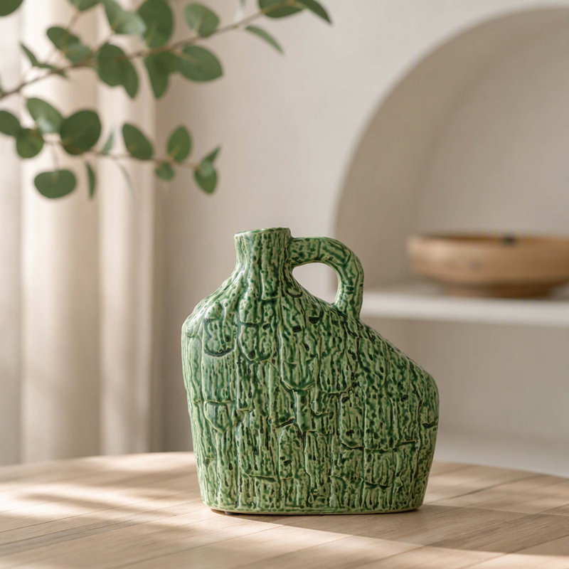 Mini Asymmetrical Green Ceramic Accent Vase with Handle, Boho Shelf Decor