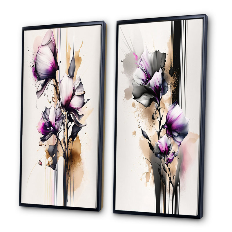 "Fleur d'orchidée rose sur fusion abstraite", 2 pièces sur toile, Cadre noir, H 20 po x l 24 po