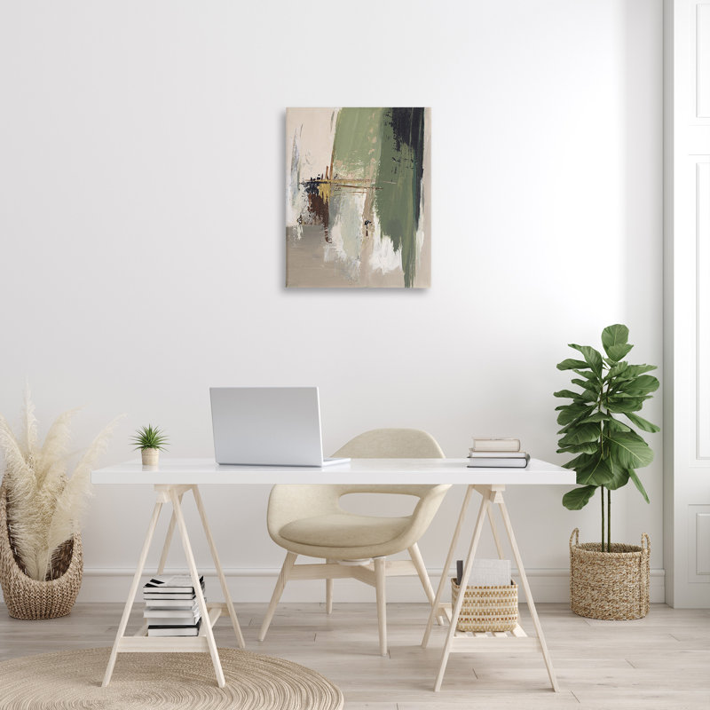 Toile verte et brun clair coups de pinceau par Patricia Pinto, H 30 po x l 24 po