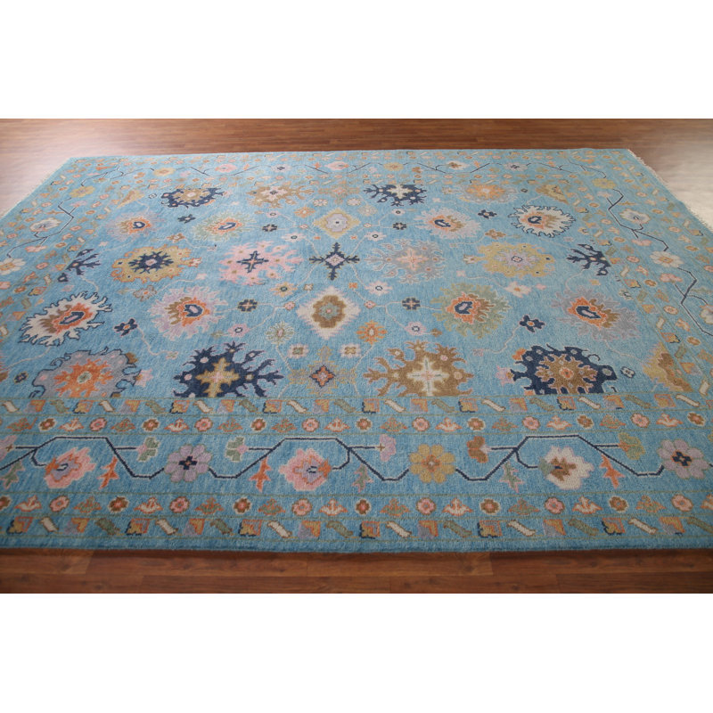 Tapis bleu à motif floral All-Over Oushak 9 x 12