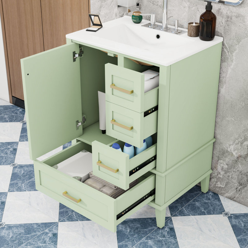 Modern Compact Freestanding Bathroom Vanity with Ceramic Sink, Soft-Close Door and Storage Drawers, Green
