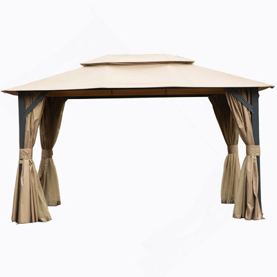 10'X13'outdoor Gazebo For Patio, Soft Top Metal Gazebos With Double Roofs, Heavy Duty Party Tent With Mosquito Netting And Privacy Curtains For Backyard Garden Lawn Deck (Brown)