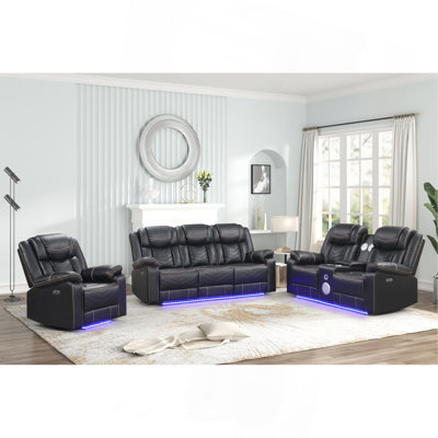 Fauteuil inclinable électrique contemporain à DEL 3 pièces (canapé + causeuse + fauteuil) avec causeuse porte-gobelets avec console et haut-parleurs Bluetooth en bois et structure en métal noir