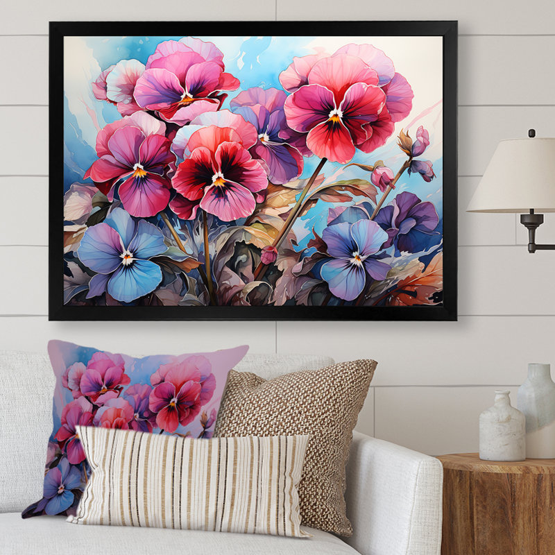 «Pink Pansies Charm In Mountain Scenery», reproduction sur toile, Cadre photo noir, H 34 po x l 44 po x P 1,5 po