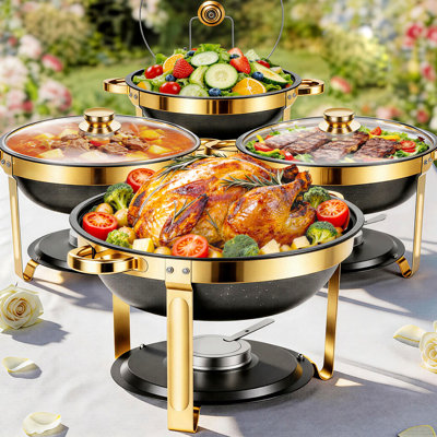 Ensemble de 4 chafing dishes ronds de luxe en acier inoxydable noir et or de 6 pintes avec couvercles en verre – Service de buffet et de fondue haut de gamme pour fêtes, buffets, mariages et anniversaires – Lot de 4