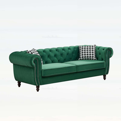 Chesterfield Velvet Upholstery Sofa with Roll Armrest and Nailhead, Mid Century Modern 3 Seater Couch for Living Room, Office, Apartment