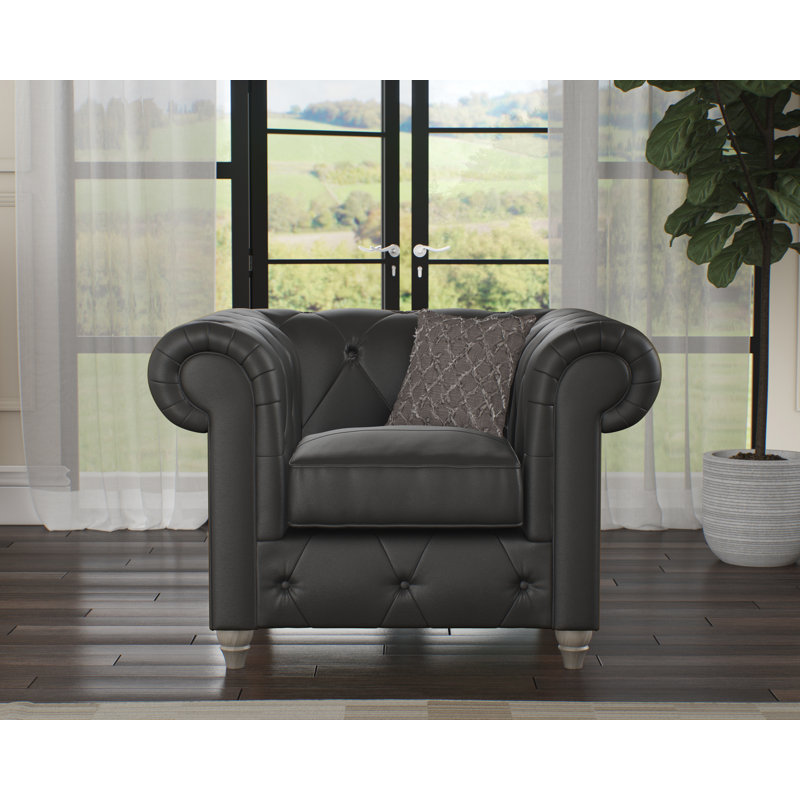 Melrose 115Cm Wide Tufted Genuine Leather Armchair, Washed Oak, Raven
