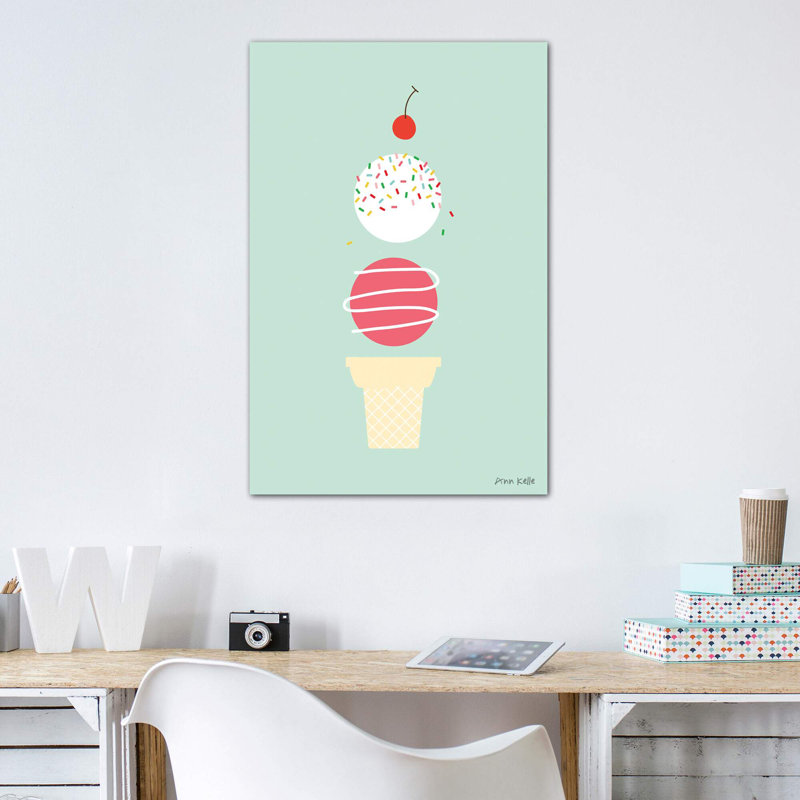 «Ice Cream and Cherry I» par Ann Kelle - impression d'art graphique, H 60 po x l 40po x P 1,5 po, Toile tendue