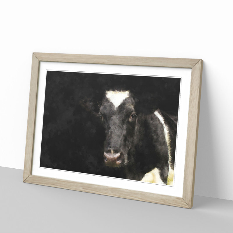 Peering Cow - Single Picture Frame Print on MDF, 33cm H x 45cm W x 2cm D, Oak
