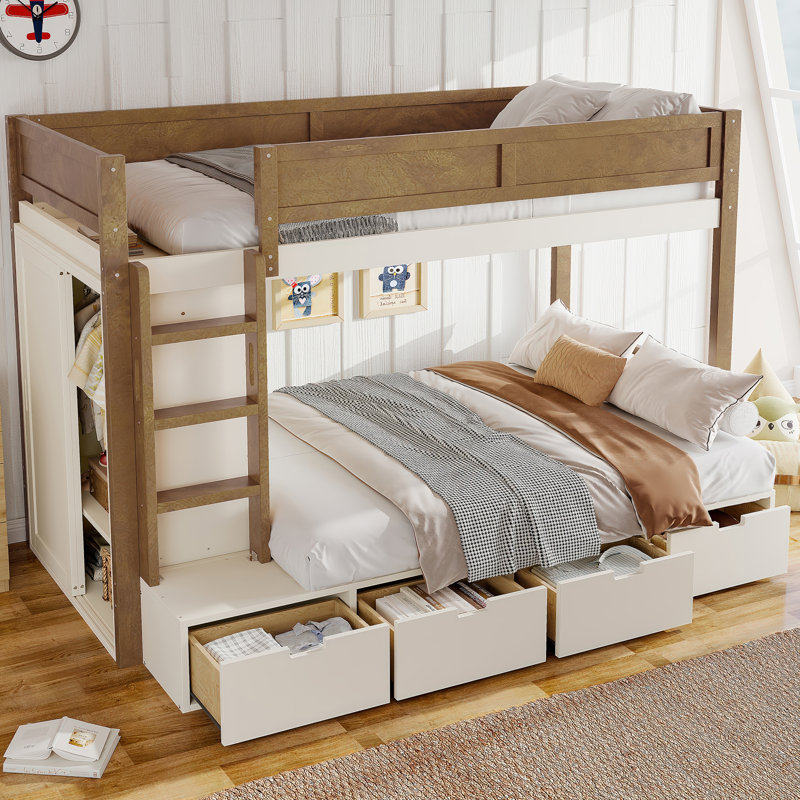 Lit simple superposé simple / simple / simple TG avec 4 tiroirs de rangement, lit superposé en bois massif avec garde-robe intégrée et garde-corps pleine longueur, sans sommier, beige et naturel