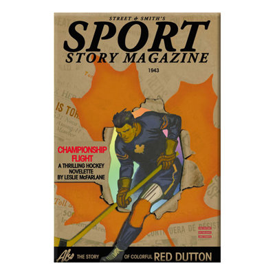 Hockey Player Skating Through Hole in Newspaper Headlines Vintage Advertisement on Wrapped Canvas
