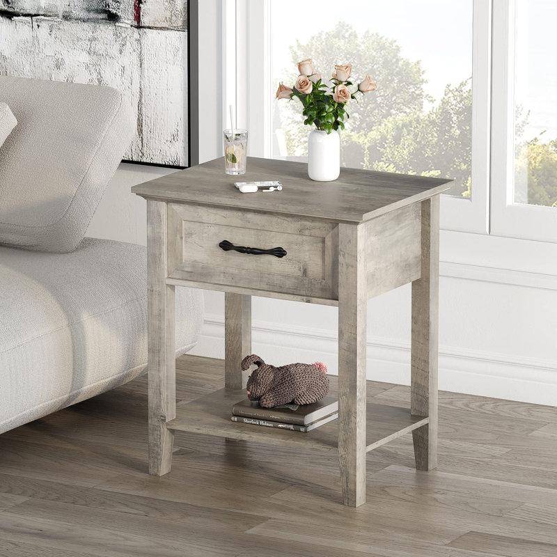 48cm W Solid Wood Bedside Table, Grey
