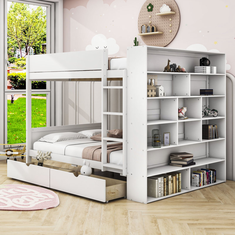 Aleiah Kids Twin Bunk Bed with Drawers, White, Full over Full