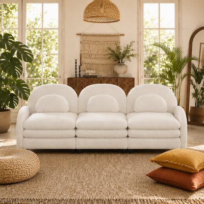 Canapé modulable 3 places en molleton Teddy avec dossier incurvé, coussins double couche de soutien et coussins lombaires ergonomiques pour un confort optimal et des configurations flexibles.