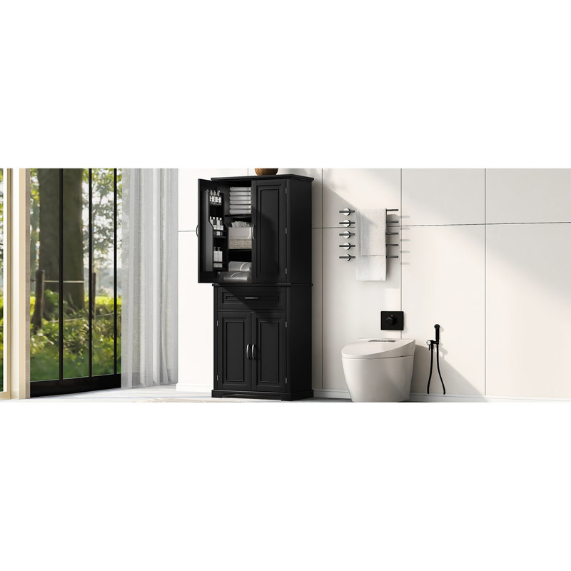 Grande armoire de rangement noire avec portes - planche, assemblage facile, tablette réglable pour l'organisation de la salle de bain