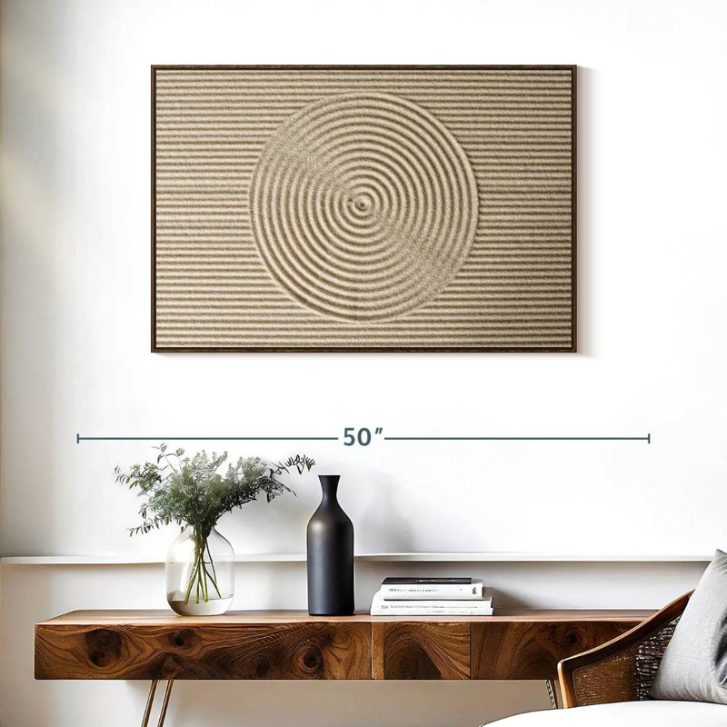 Cercles zen dans le sable, 37 po x 25 po, Cadre flottant en noyer