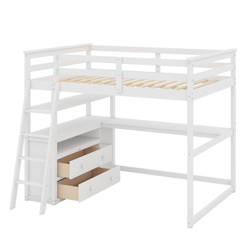 Loft Bed With Desk And Shelves,Drawers, White