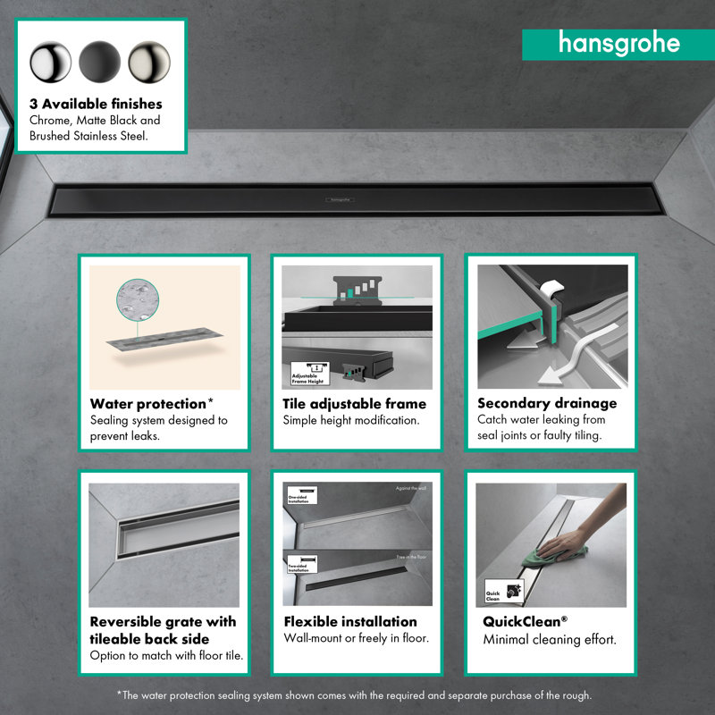 Hansgrohe RainDrain Match Trim Zero/ Tile 31 1/2" with Height Adjustable Frame, Matte Black