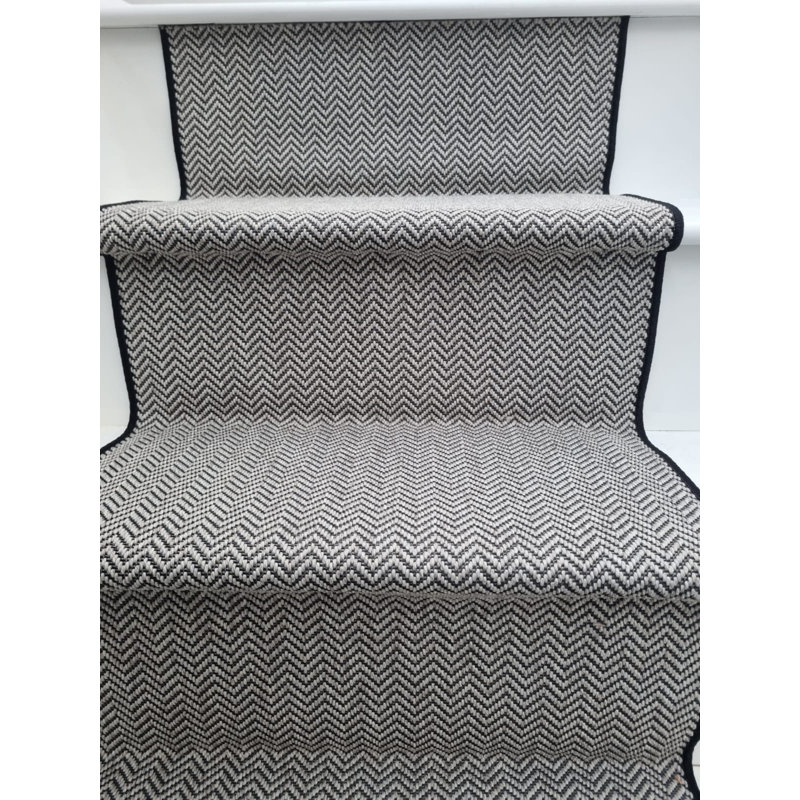 Ester New Black and White Herringbone Faux Sisal Carpet Stair Runner Black whipped edge