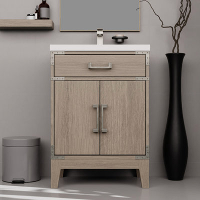 Grey Oak Bath Vanity 24"X18", Acrylic Countertop & Included Mirror - Soft Close, Interior Storage Area 24" X 18", 18" Abundant