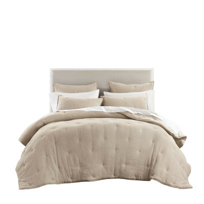 Courtepointe 3 pièces en gaze de coton double / grand, naturel avec texture froissée, toutes saisons, taies décoratives assorties de couleur taupe pour lit double / grand, aspect léger, chaleur