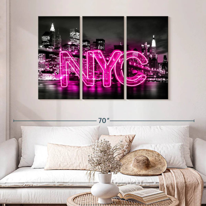Sirci néon de New York, rose sur fond noir, H 32 po x l 50 po