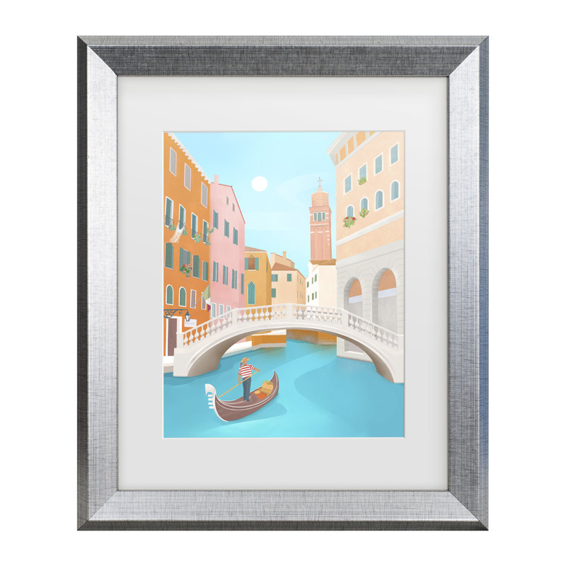 Œuvre encadrée à la bolognique de Venise, H 14,5 po x l 17,5 po, Cadre argenté