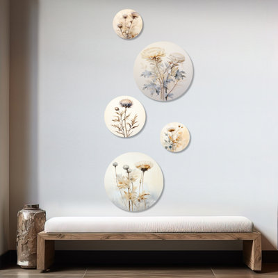 «Beige chardon», ensemble d'art mural rond de 5 chardons