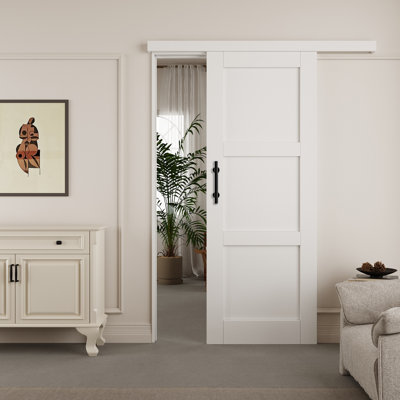 Ready-To-Install Panel, Hidden Track System 3-Panel Sliding Barn Door White Primed Closet With Installation Hardware Kit and Soft Close
