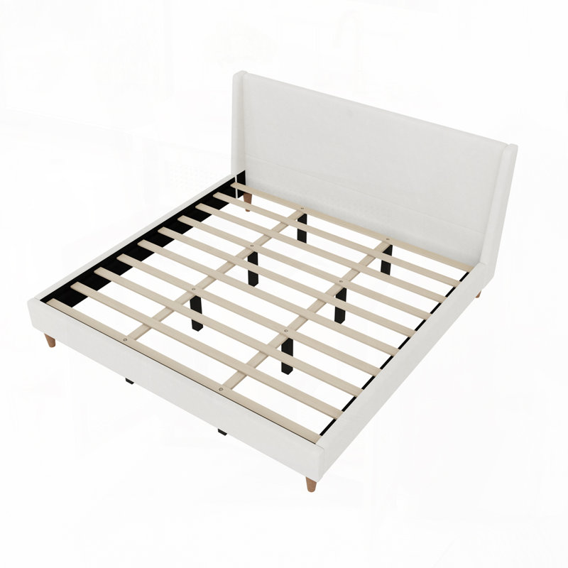 Lit plateforme tapissier avec tête de lit à oreilles, pieds en bois, aucun sommier requis, Bouclé ivoire, Très grand