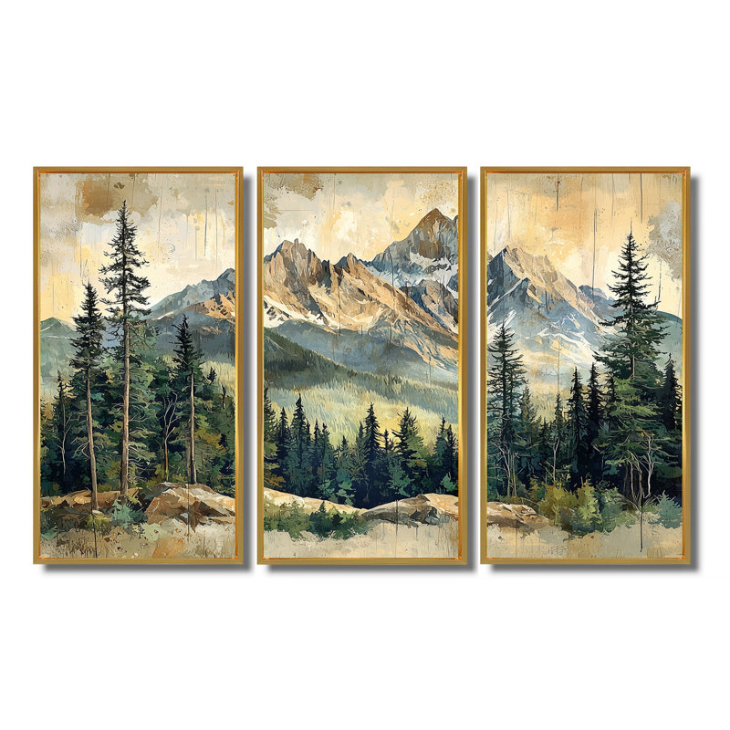 Paysage de montagne en montagne I - Art mural montagnes - ensemble de 3, H 40 po x l 60 po, Doré