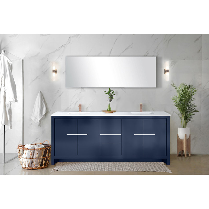 80 po L x P 20 po. Meuble-lavabo bleu marine avec surface en quartz blanc et robinet or rose - Design moderne