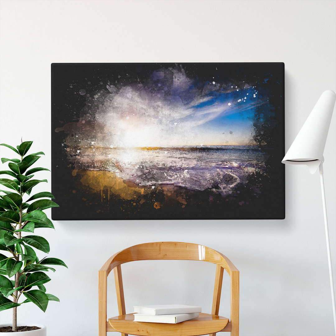 Sunset Over A Californian Beach Paint Splash - Wrapped Canvas Print