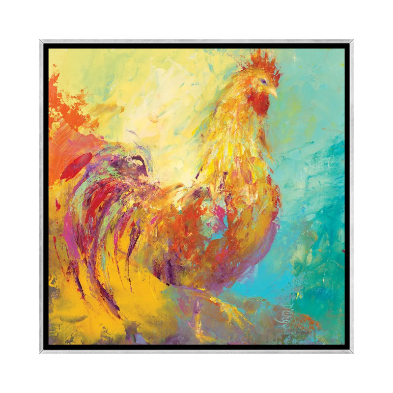 «Funky Chicken I» par Dina D'Argo - reproduction d'art, H 18 po x l 18 po x 1,5 po, Toile avec cadre argenté, Aucun mat