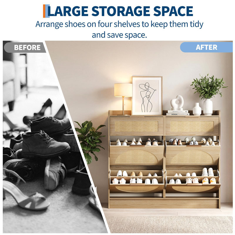Armoire de rangement pour chaussures en rotin, organisateur de chaussures à tiroir rabattable étroit avec tablettes réglables pour le vestibule