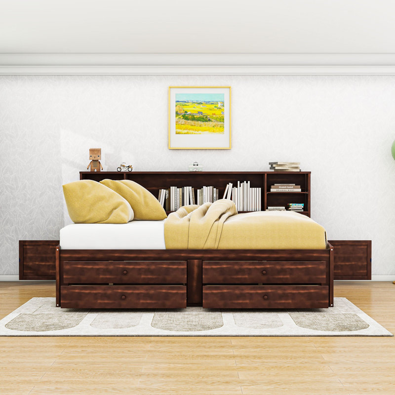 Lit capitaine double en bois avec tablettes de rangement, 4 tiroirs et 2 armoires