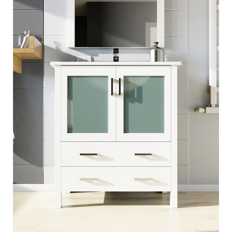 30 In. W White Vanity For Bathroom, 18.25 D, Ceramic Top, 28 Mirror, Soft - Closing Feature, Storage, Scratch Proof Top Bath Vanity, Mechanism, One Cabinet And Drawers, Countertop