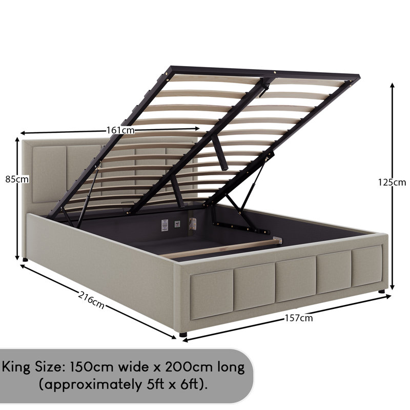 Ottoman Fabric Lift Up Storage Bed , UKFR Certified, Kingsize (5'), Beige