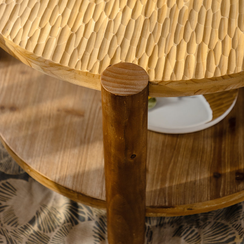 Table basse ronde en bois massif, table basse ronde à 2 niveaux avec tablette de rangement