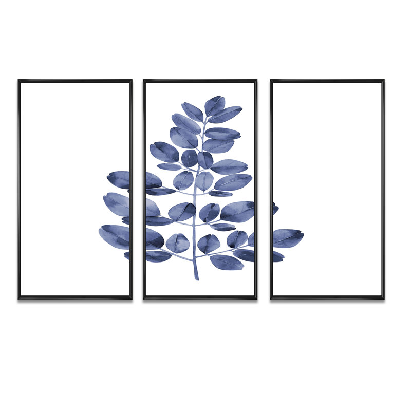 Bleu marine eucalyptus II - 3 pièces, reproduction sur toile, H 28 po x l 36 po x P 1 po, Cadre noir