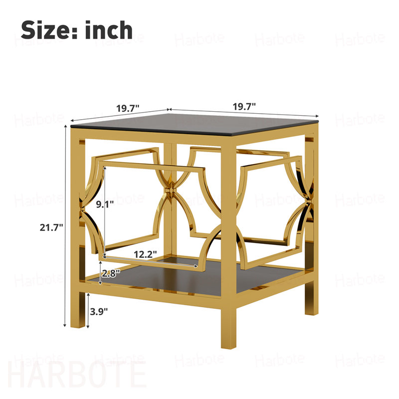 Table d'appoint carrée en or 19,7 po avec plateau en verre trempé et tablette de rangement, table de bout glamour de luxe avec structure en métal pour le salon, la chambre à coucher, le canapé, la table d'appoint pour petit espace