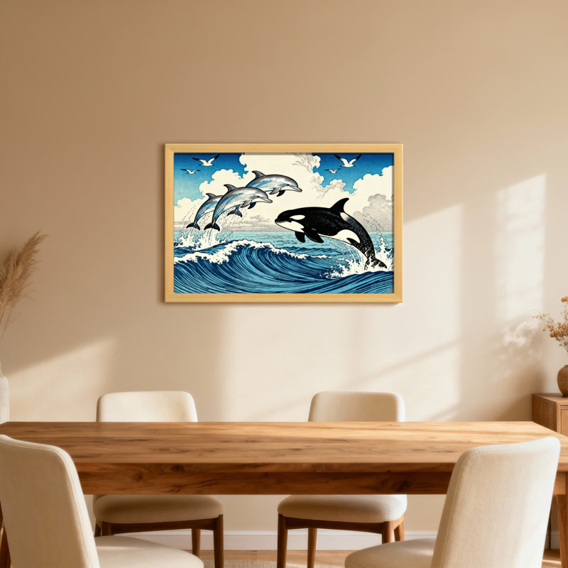 Animaux, dauphins, saut, vagues, orques, ciel, oiseaux, scène océanique, H 12 po x l 18 po, Toile tendue, Ne s’applique pas