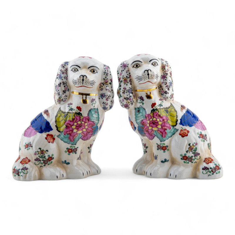 Porcelain Staffordshire Dog Figurines Pair, Blue floral