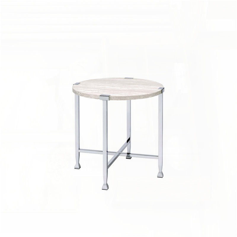 Table de bout ronde en bois avec base chromée en forme de X