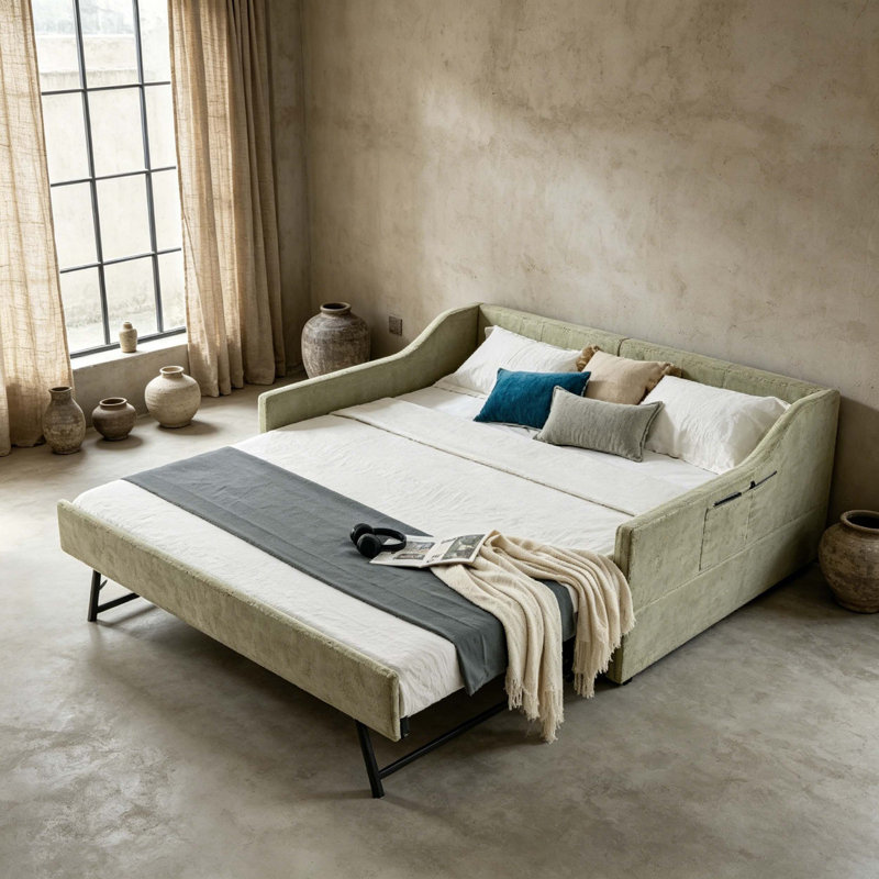 Convertible Daybed with Trundle, Tufted Upholstered 3-in-1 Sofa Bed with Side Storage for Compact Living, Green