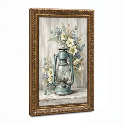 Art mural en toile noyer doré encadré pour le salon, la chambre à coucher, le bureau ou le vestibule - Décoration murale décorative avec lanterne rustique