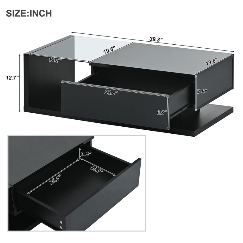 Modern Coffee Table With Tempered Glass, Wooden Cocktail Table With High-Gloss UV Surface, Modernist 2-Tier Rectangle Centre Table For Living Room