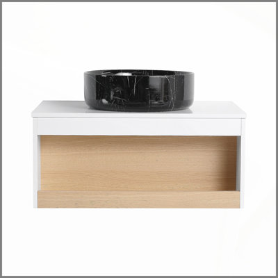 30" Floating Bathroom Vanity with Black Marble Vein Vessel Sink, Wall-Mounted Vanity with Open Shelf Storage, White Finish with Wood Accent, Space-Saving Modern Design (Ships in 2 Boxes)