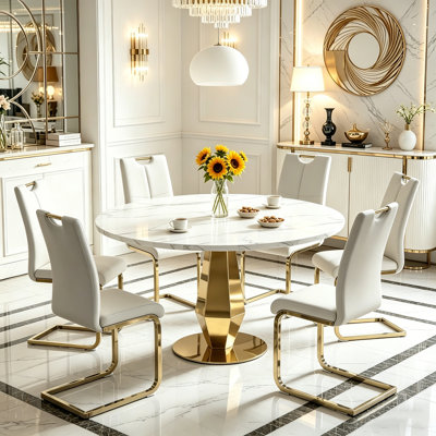 47" Round Dining Table Set, Faux Marble Dining Room Table Set, Modern Circle Kitchen Table Set with Leather Dining Chairs for Kitchen Dining Living Room