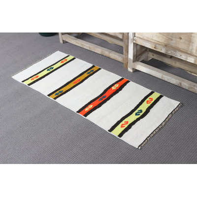 Tapis turc tissé à la main à motif kilim plat à rayures parfait pour le vestibule dans un magnifique mélange de petits motifs rétro de chanvre et Oushak aux tons blancs neutres